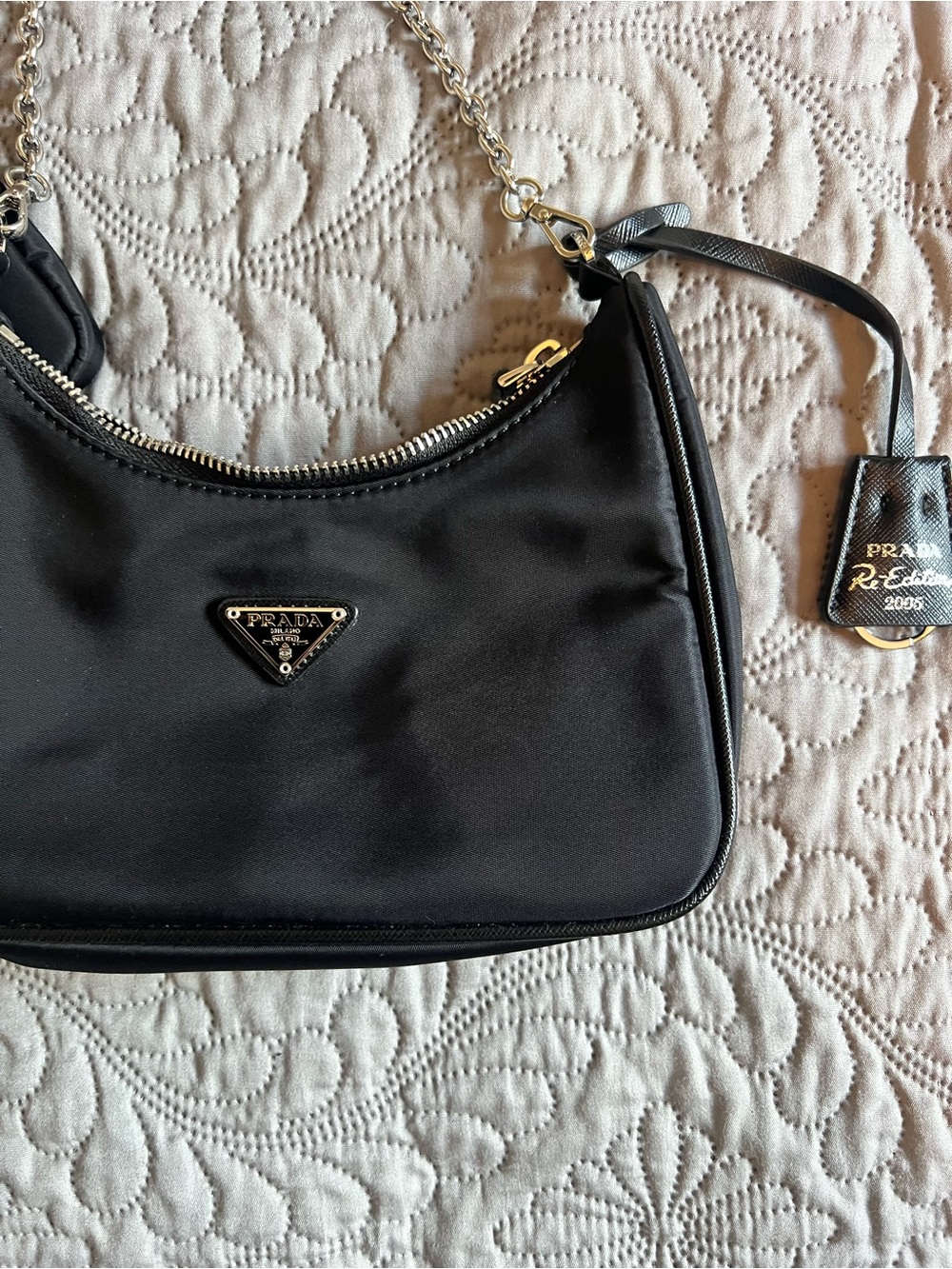 Fashion Trendy Black Nylon Shoulder Bag with Chain and Detachable Strap - Picture 2 of 5